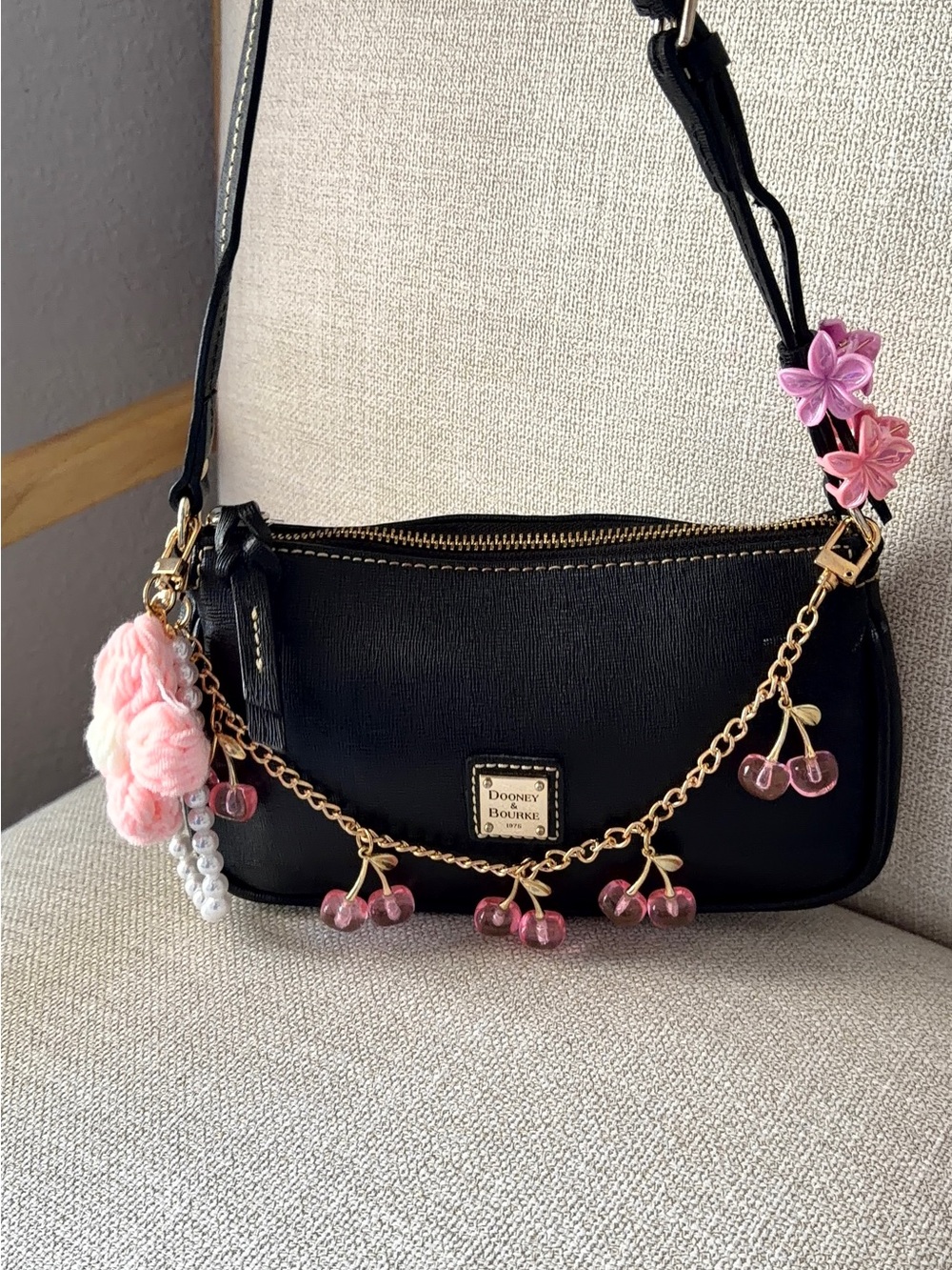 Dooney & Bourke Black Shoulder Bag with Pink Cherry Charms